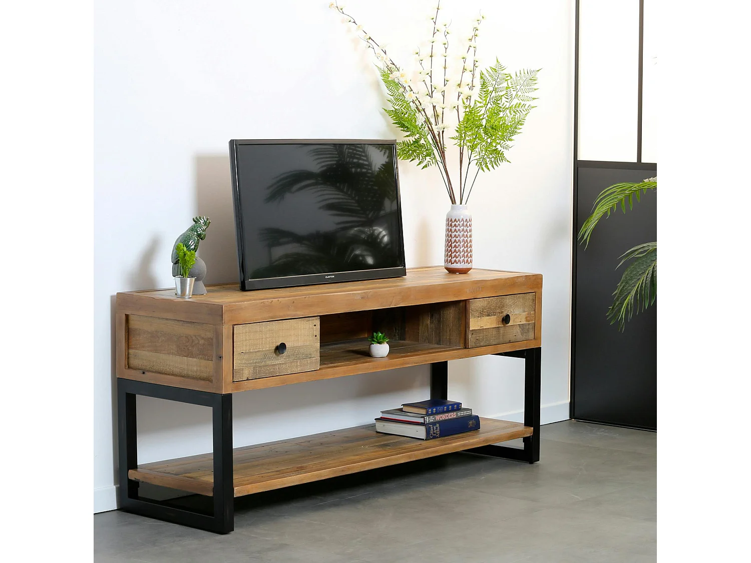 Meuble TV bois recyclé double plateau BRISBANE