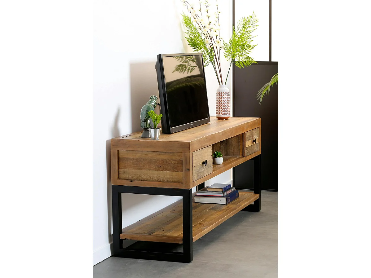Meuble TV bois recyclé double plateau BRISBANE