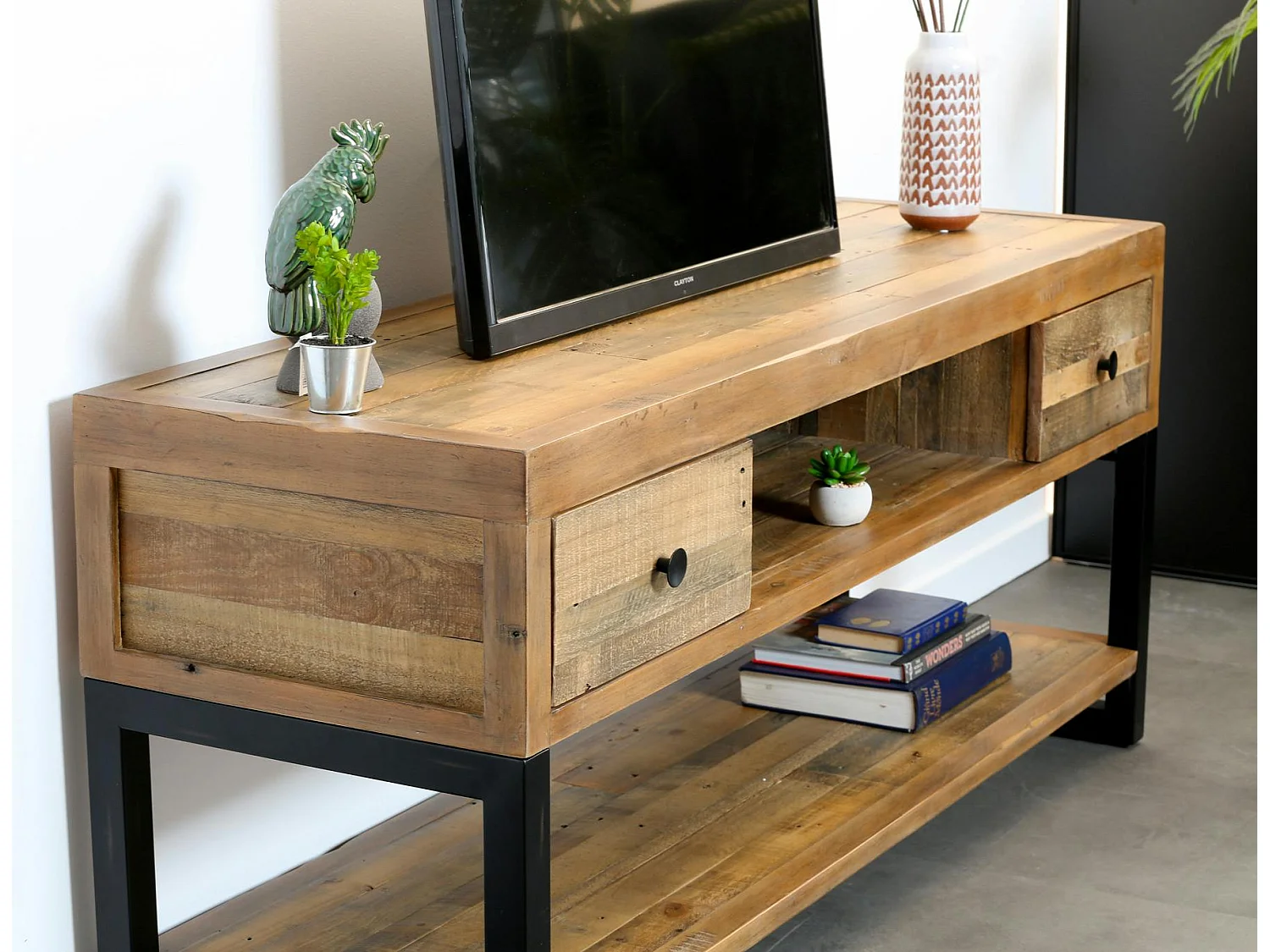 Meuble TV bois recyclé double plateau BRISBANE