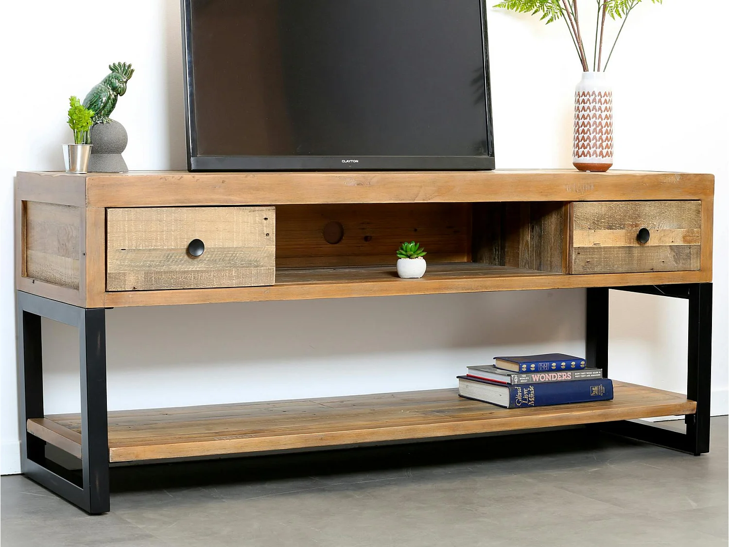 Meuble TV bois recyclé double plateau BRISBANE