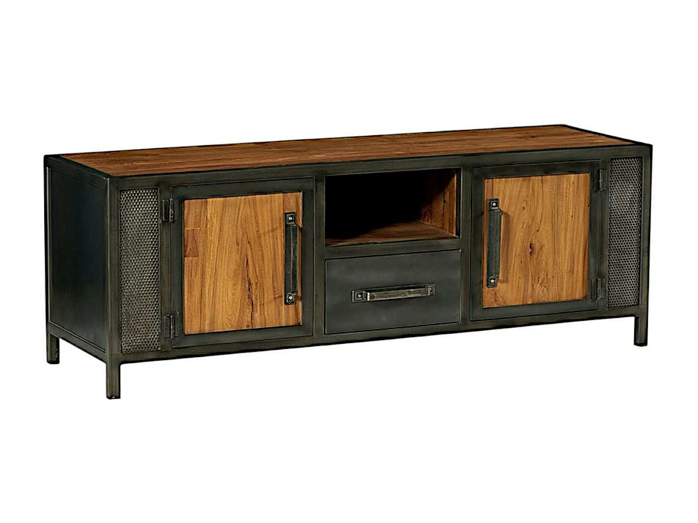 Meuble tv bois recyclé teck métal vieilli CLEVELAND