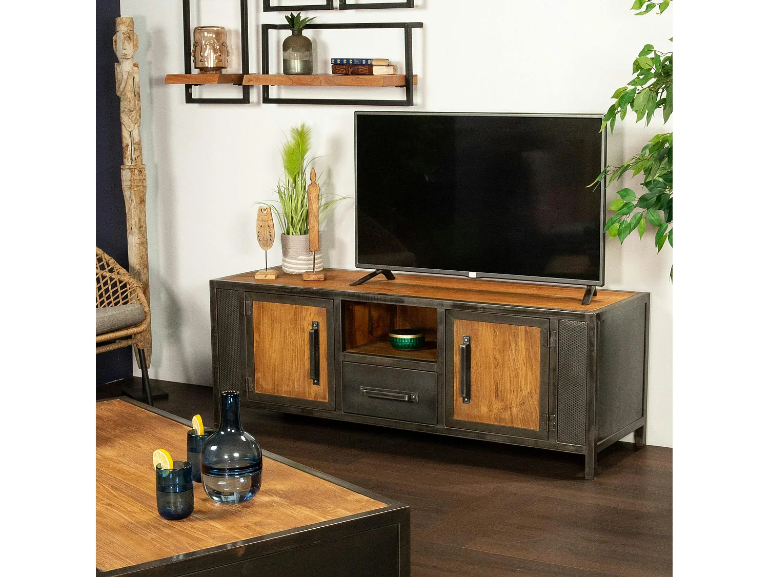 Meuble tv bois recyclé teck métal vieilli CLEVELAND