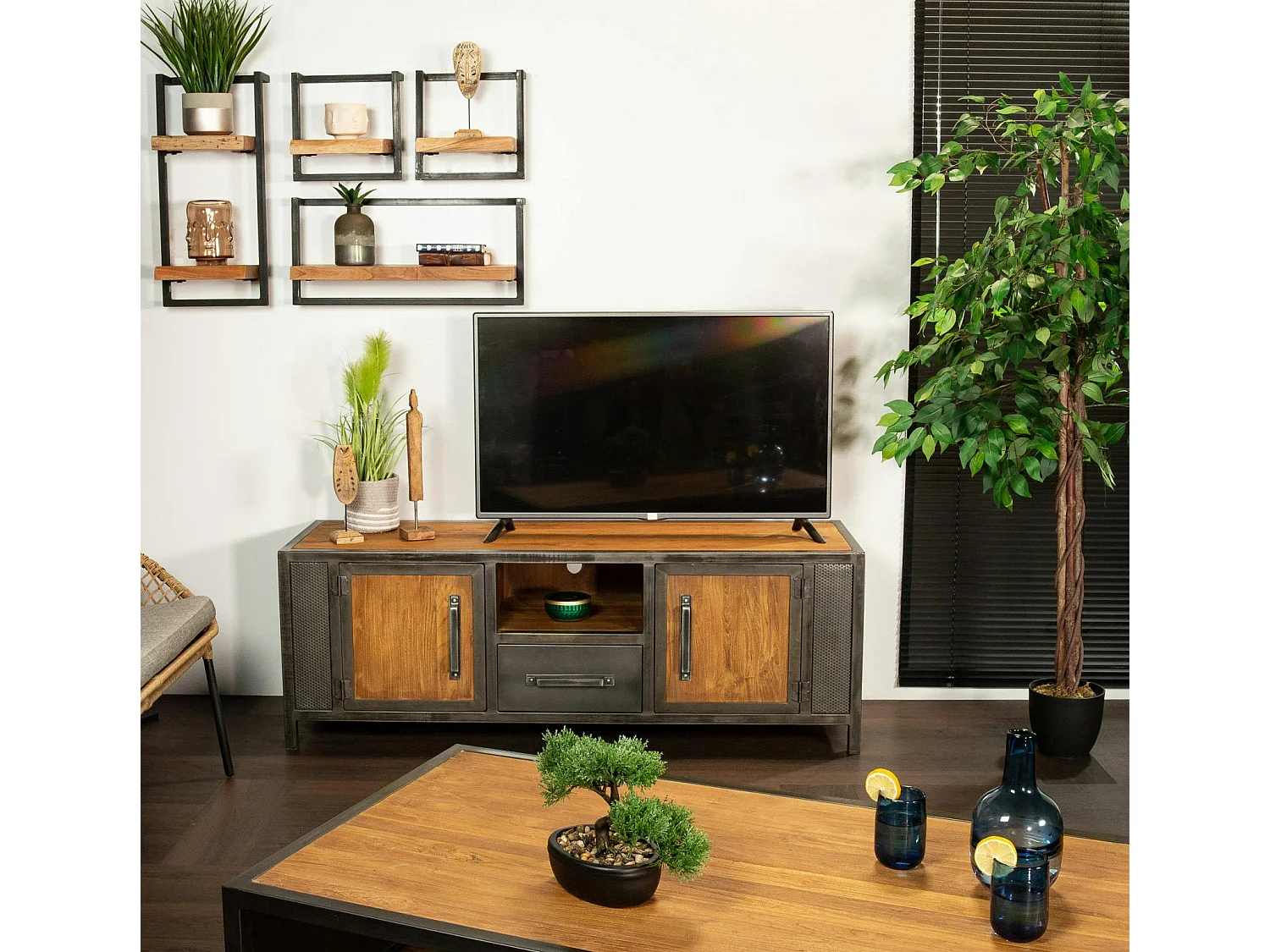 Meuble tv bois recyclé teck métal vieilli CLEVELAND