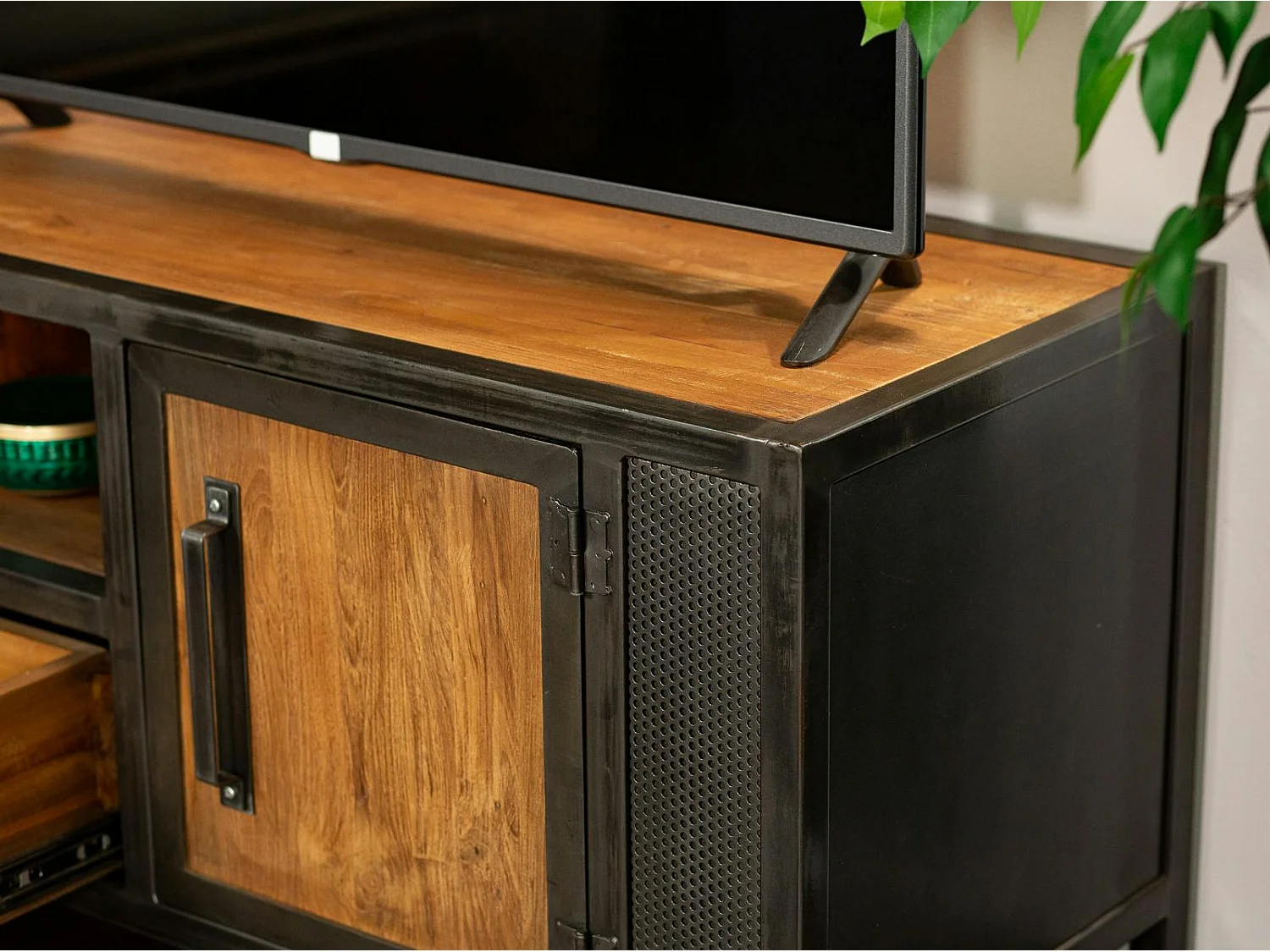 Meuble tv bois recyclé teck métal vieilli CLEVELAND