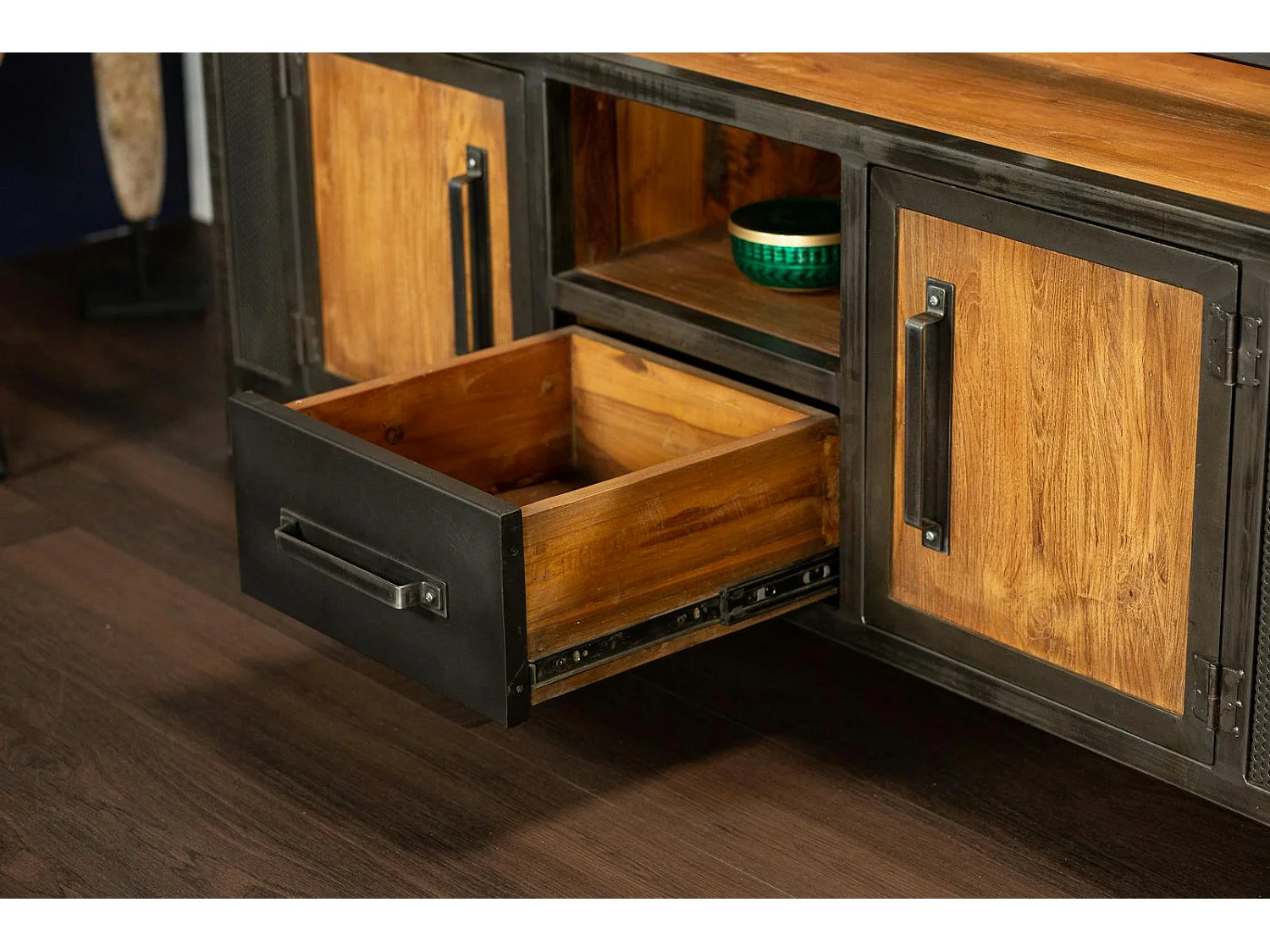 Meuble tv bois recyclé teck métal vieilli CLEVELAND