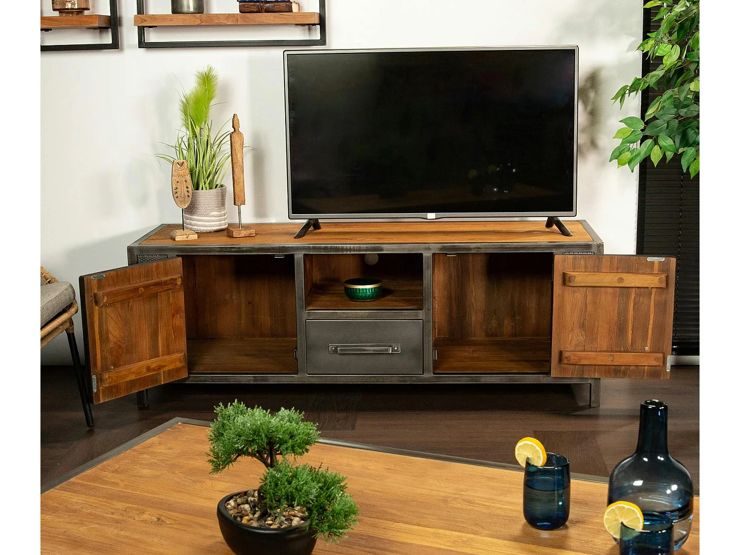 Meuble tv bois recyclé teck métal vieilli CLEVELAND