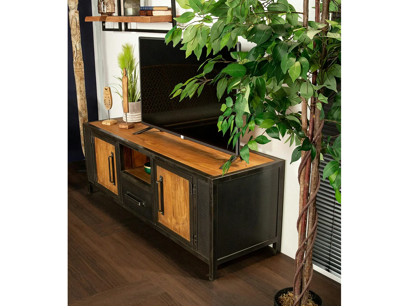 Meuble tv bois recyclé teck métal vieilli CLEVELAND