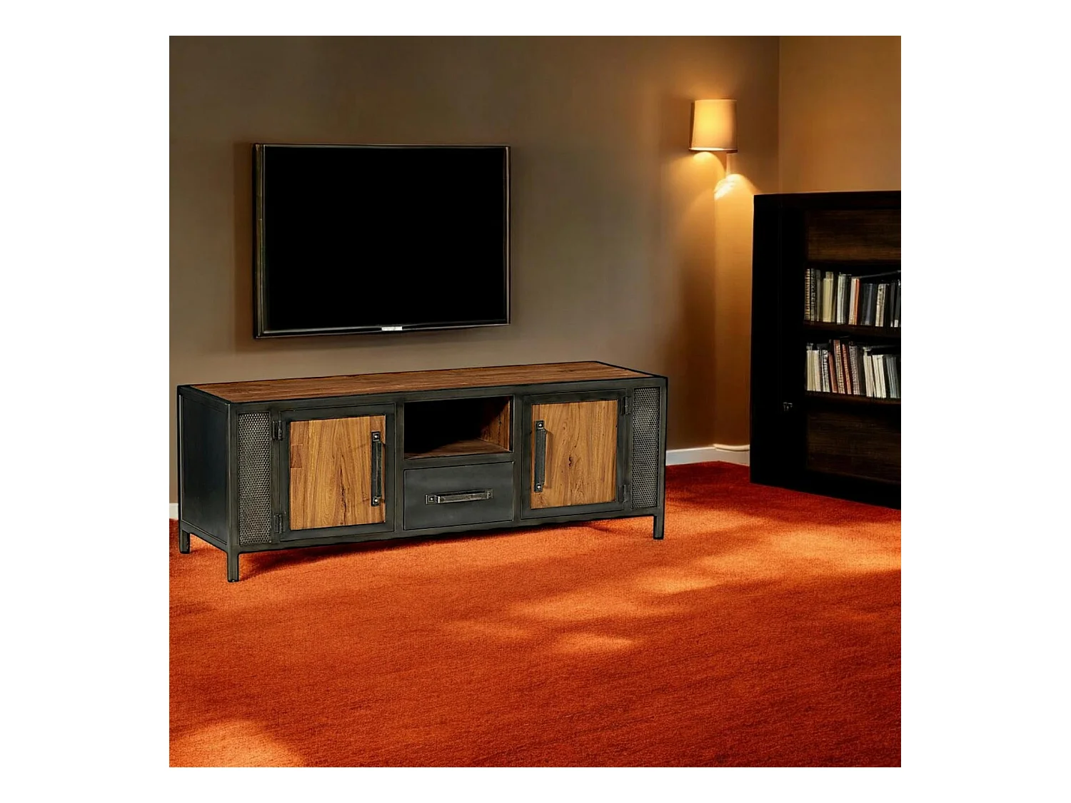 Meuble tv bois recyclé teck métal vieilli CLEVELAND