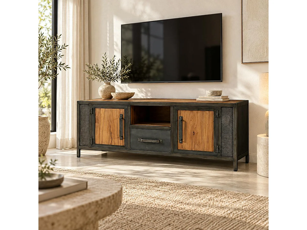 Meuble tv bois recyclé teck métal vieilli CLEVELAND