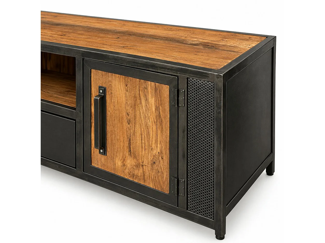 Meuble tv bois recyclé teck métal vieilli CLEVELAND