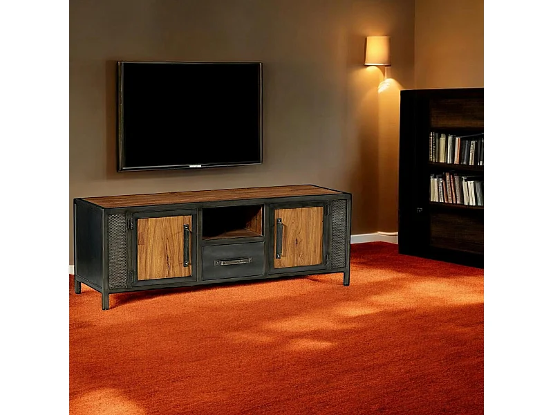 Meuble tv bois recyclé teck métal vieilli CLEVELAND