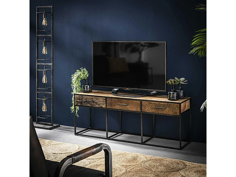Meuble tv bois recyclé brut acier 3 tiroirs WELLINGTON