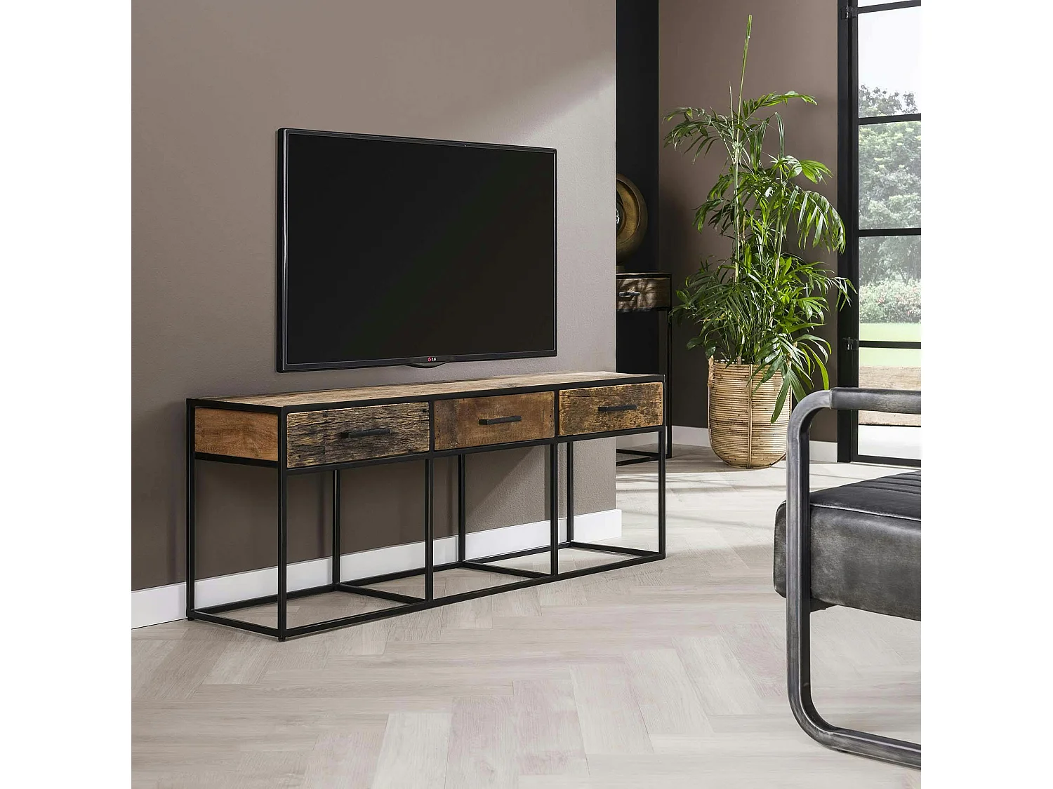 Meuble tv bois recyclé brut acier 3 tiroirs WELLINGTON