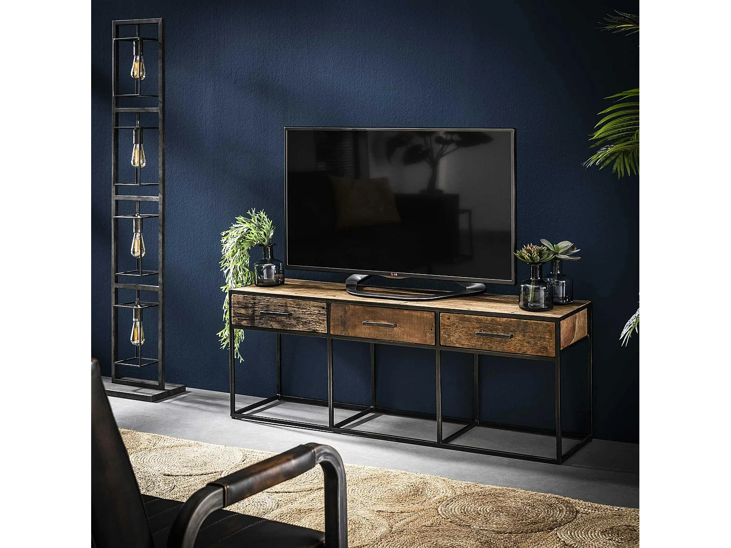 Meuble tv bois recyclé brut acier 3 tiroirs WELLINGTON