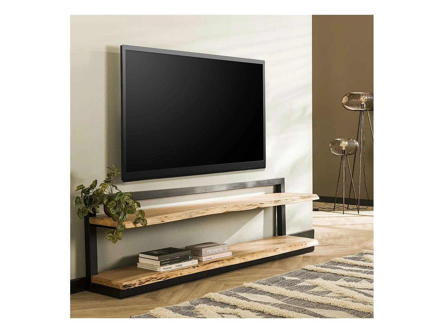 Banc TV en bois et métal 2 plateaux MELBOURNE