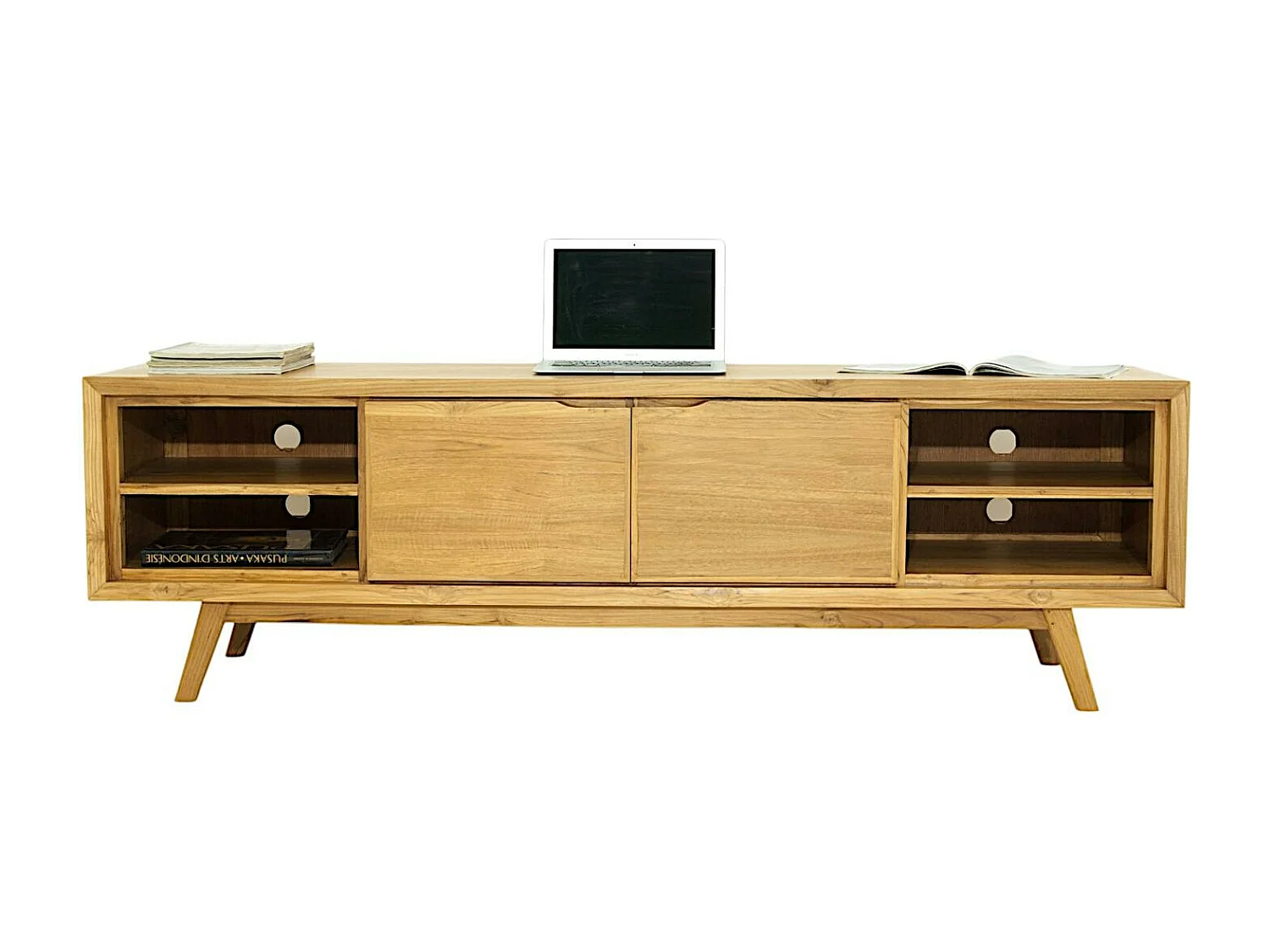 Meuble TV en Teck massif naturel 2 portes et 4 niches 180x45x55cm FIFTEES