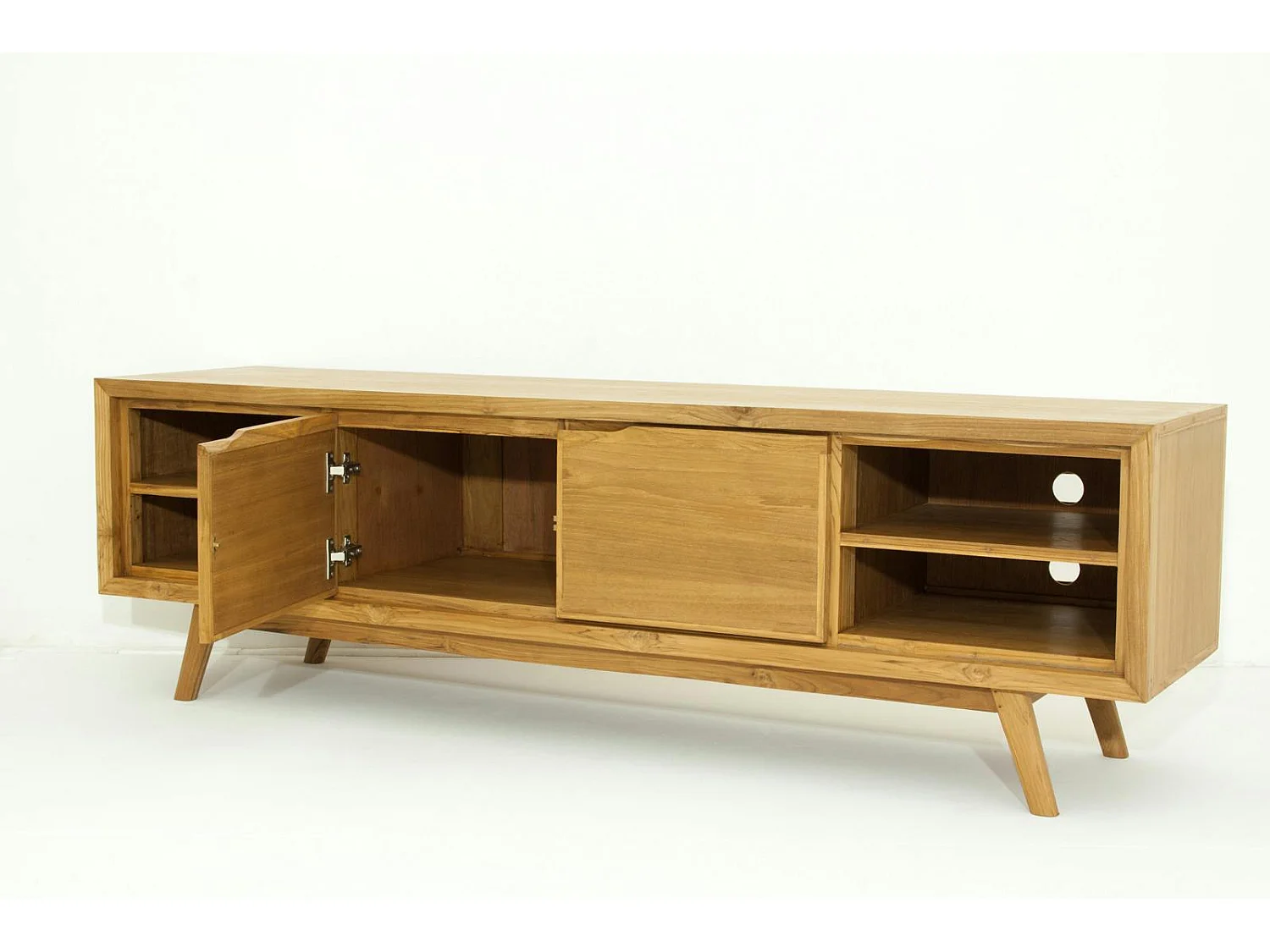 Meuble TV en Teck massif naturel 2 portes et 4 niches 180x45x55cm FIFTEES