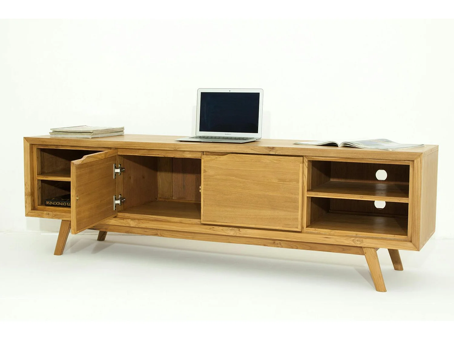 Meuble TV en Teck massif naturel 2 portes et 4 niches 180x45x55cm FIFTEES