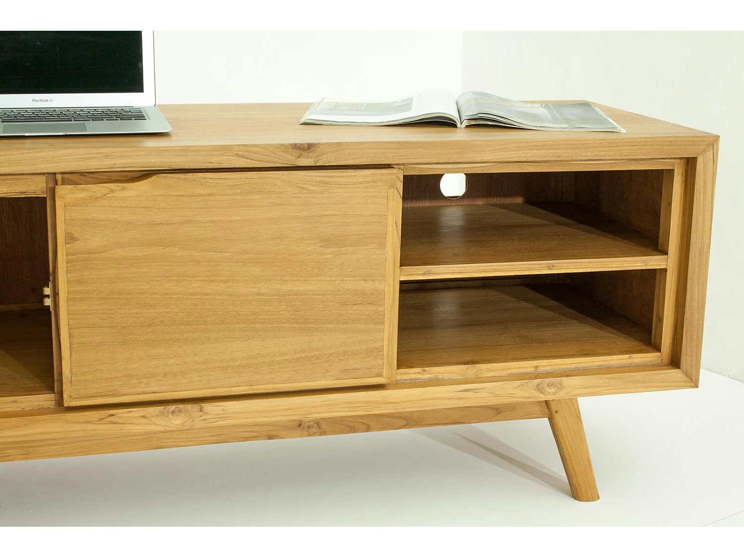 Meuble TV en Teck massif naturel 2 portes et 4 niches 180x45x55cm FIFTEES