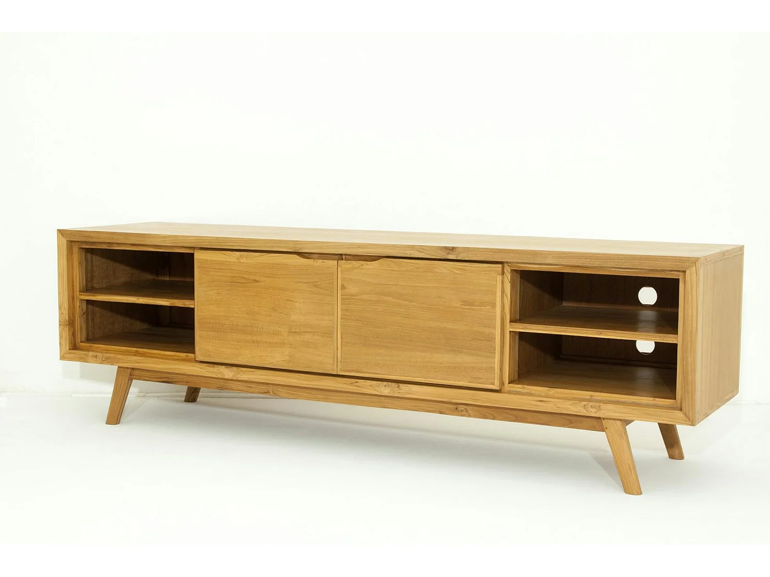 Meuble TV en Teck massif naturel 2 portes et 4 niches 180x45x55cm FIFTEES