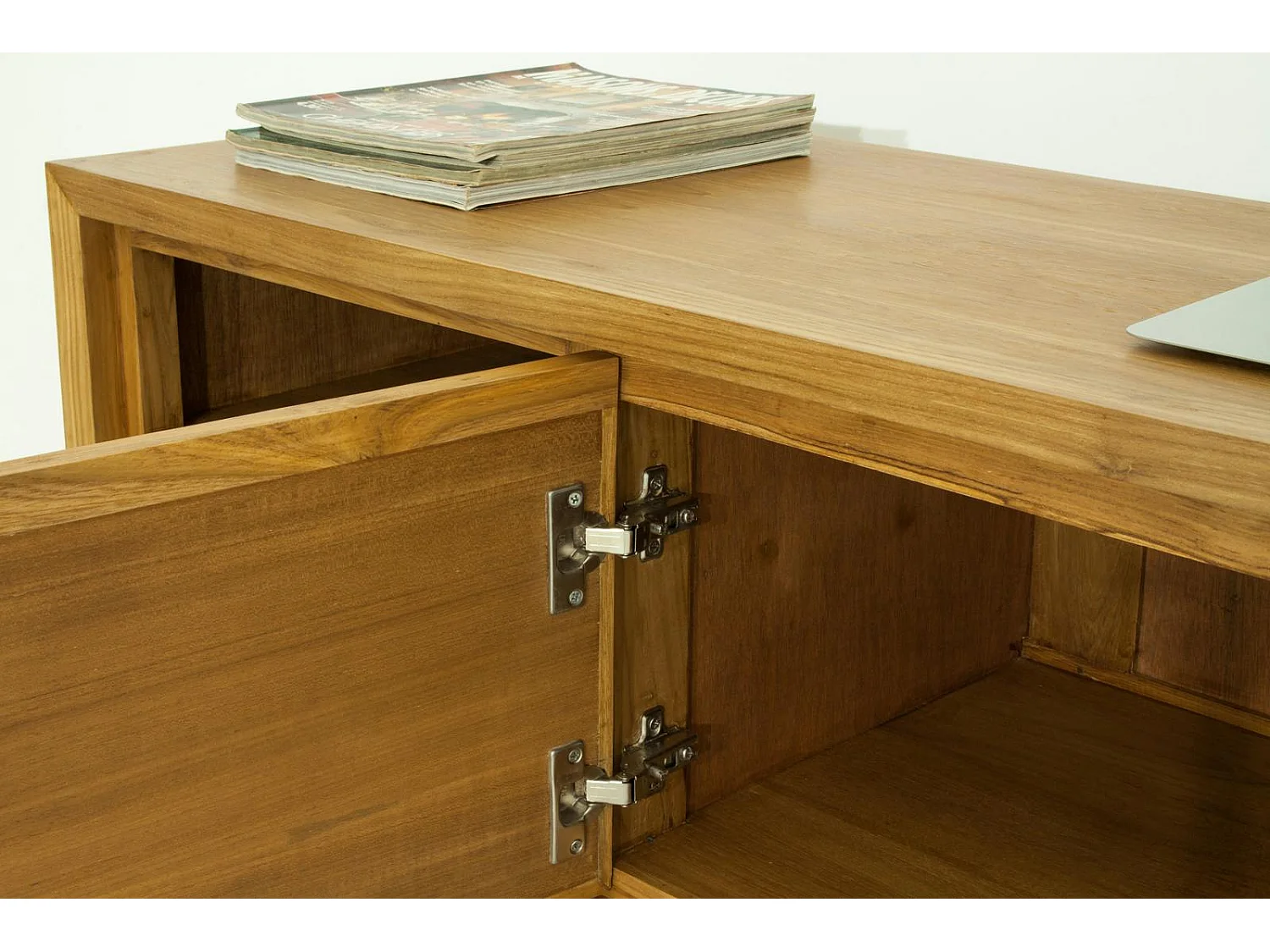 Meuble TV en Teck massif naturel 2 portes et 4 niches 180x45x55cm FIFTEES