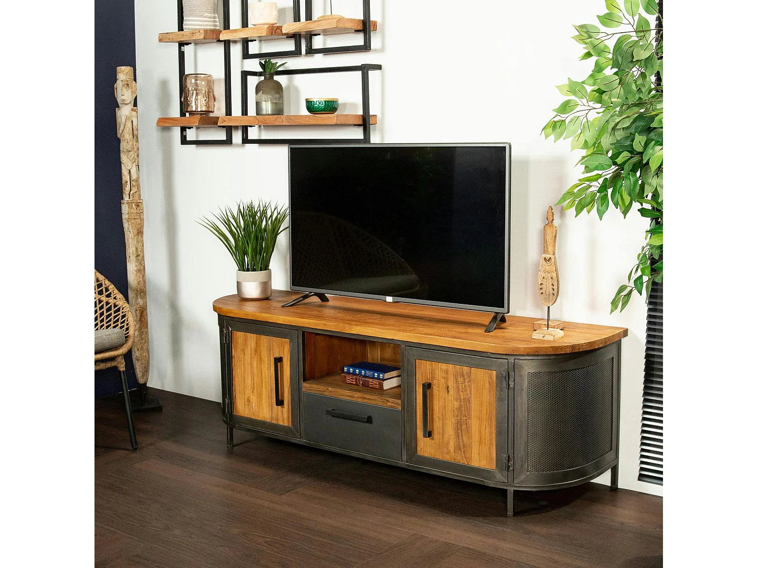 Meuble tv bois de teck métal ajouré CHICAGO