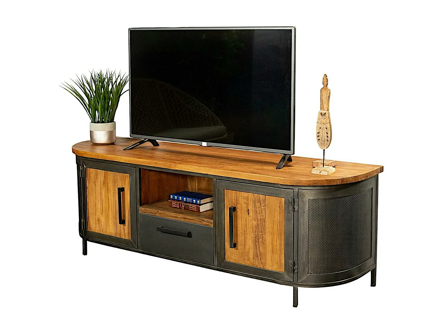 Meuble tv bois de teck métal ajouré CHICAGO