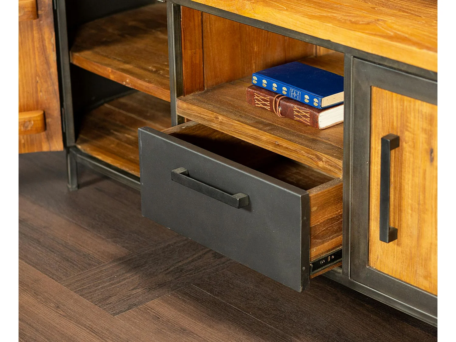 Meuble tv bois de teck métal ajouré CHICAGO