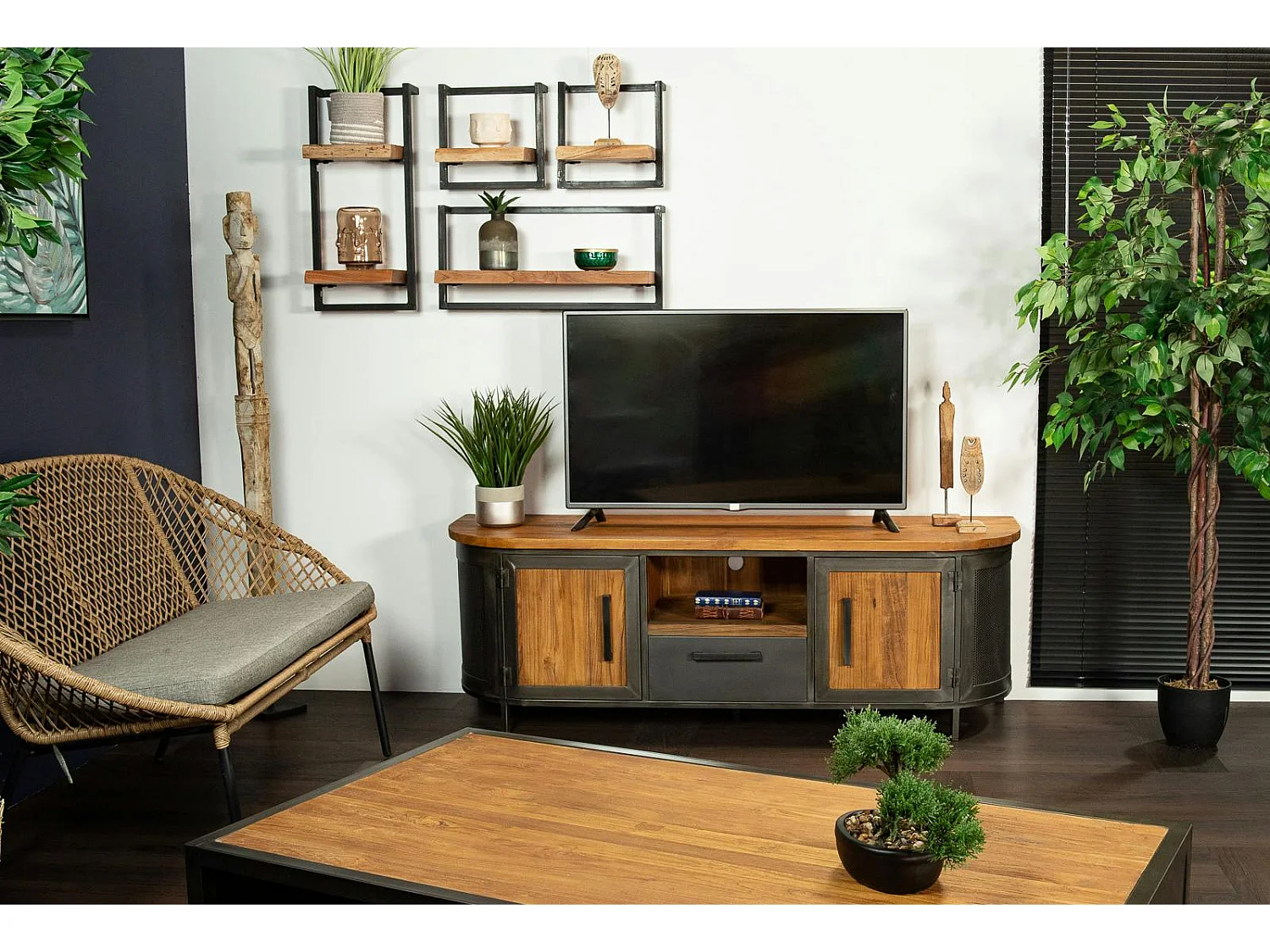 Meuble tv bois de teck métal ajouré CHICAGO