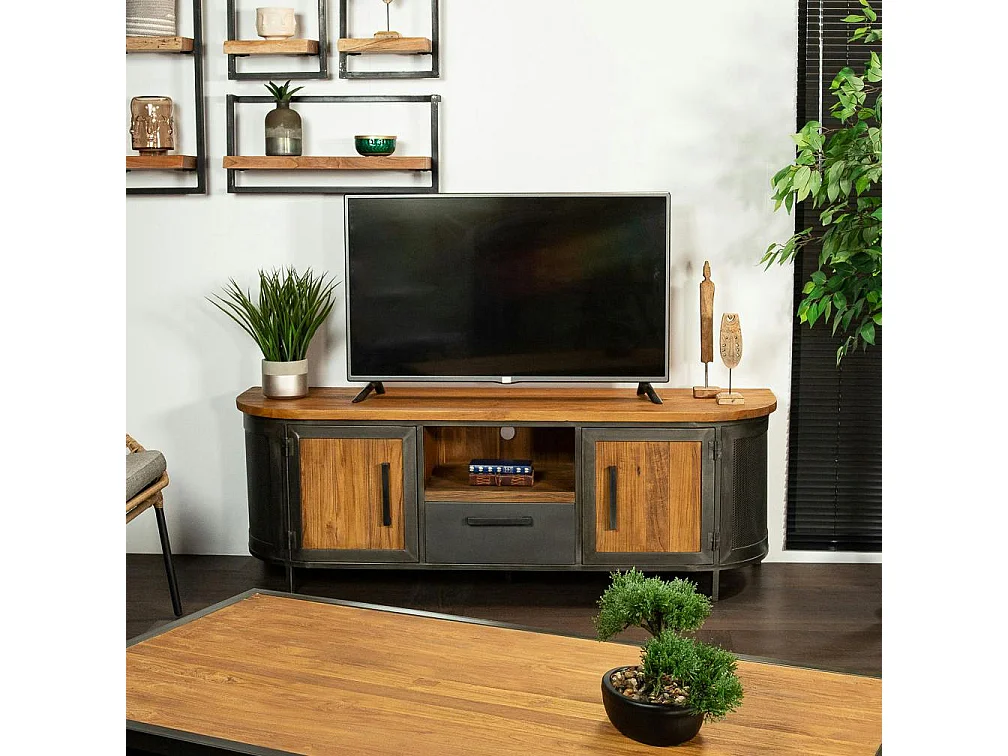 Meuble tv bois de teck métal ajouré CHICAGO
