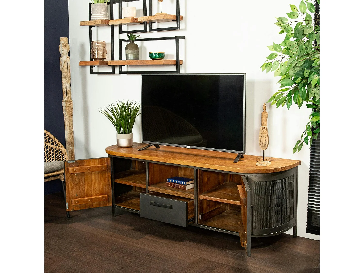 Meuble tv bois de teck métal ajouré CHICAGO