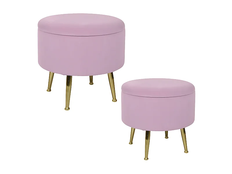 Tabouret pouf rond tissu rose pieds dorés TIM  (lot  de 2)
