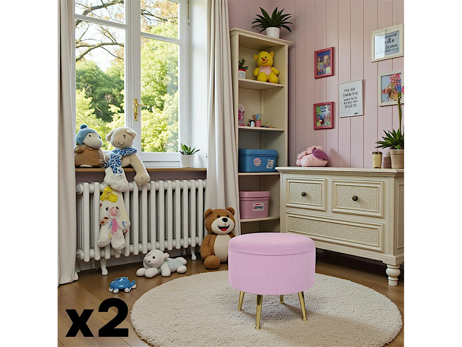 Tabouret pouf rond tissu rose pieds dorés TIM  (lot  de 2)