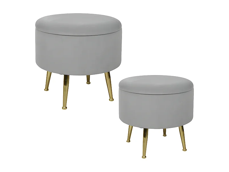 Tabouret pouf rond tissu gris pieds dorés TIM (lot  de 2)