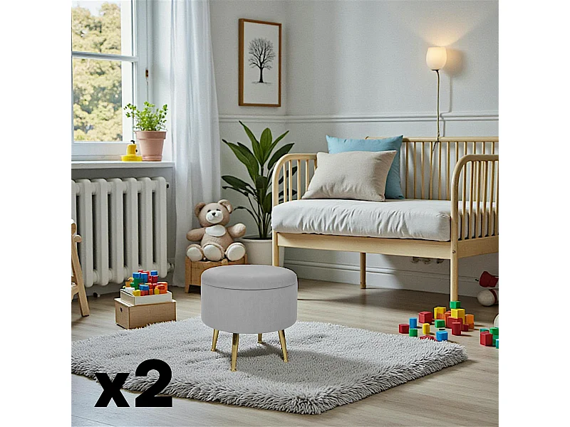 Tabouret pouf rond tissu gris pieds dorés TIM (lot  de 2)