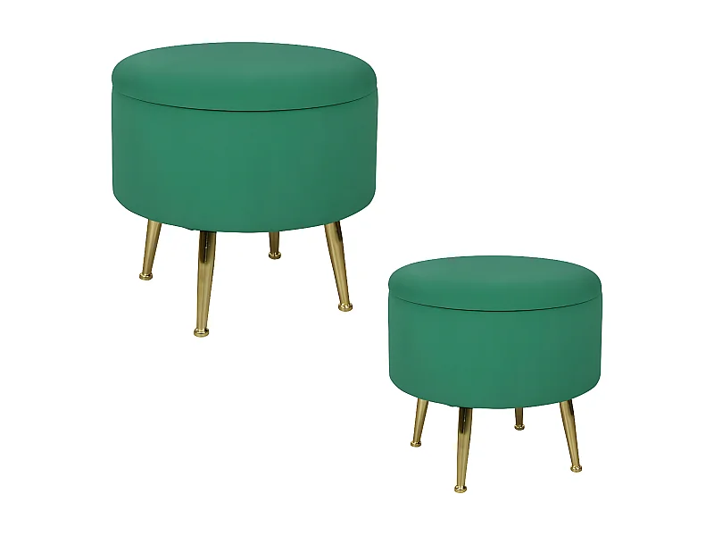 Tabouret pouf rond tissu vert pieds dorés TIM (lot  de 2)