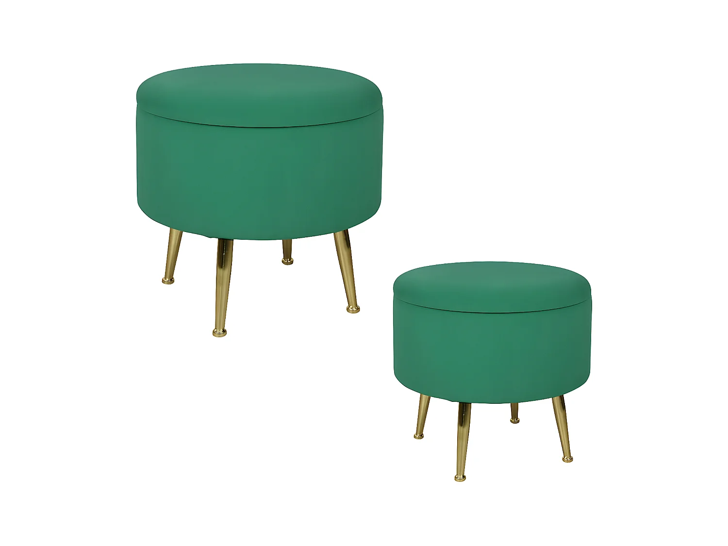 Tabouret pouf rond tissu vert pieds dorés TIM (lot  de 2)