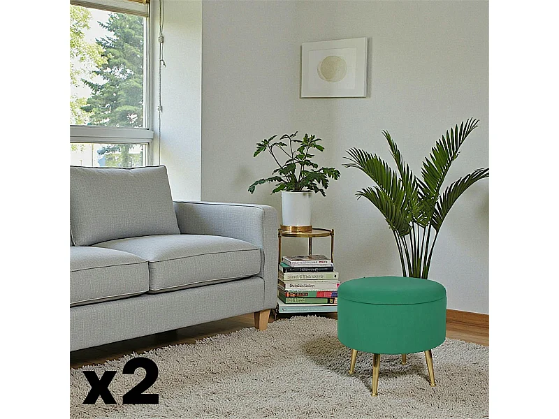 Tabouret pouf rond tissu vert pieds dorés TIM (lot  de 2)