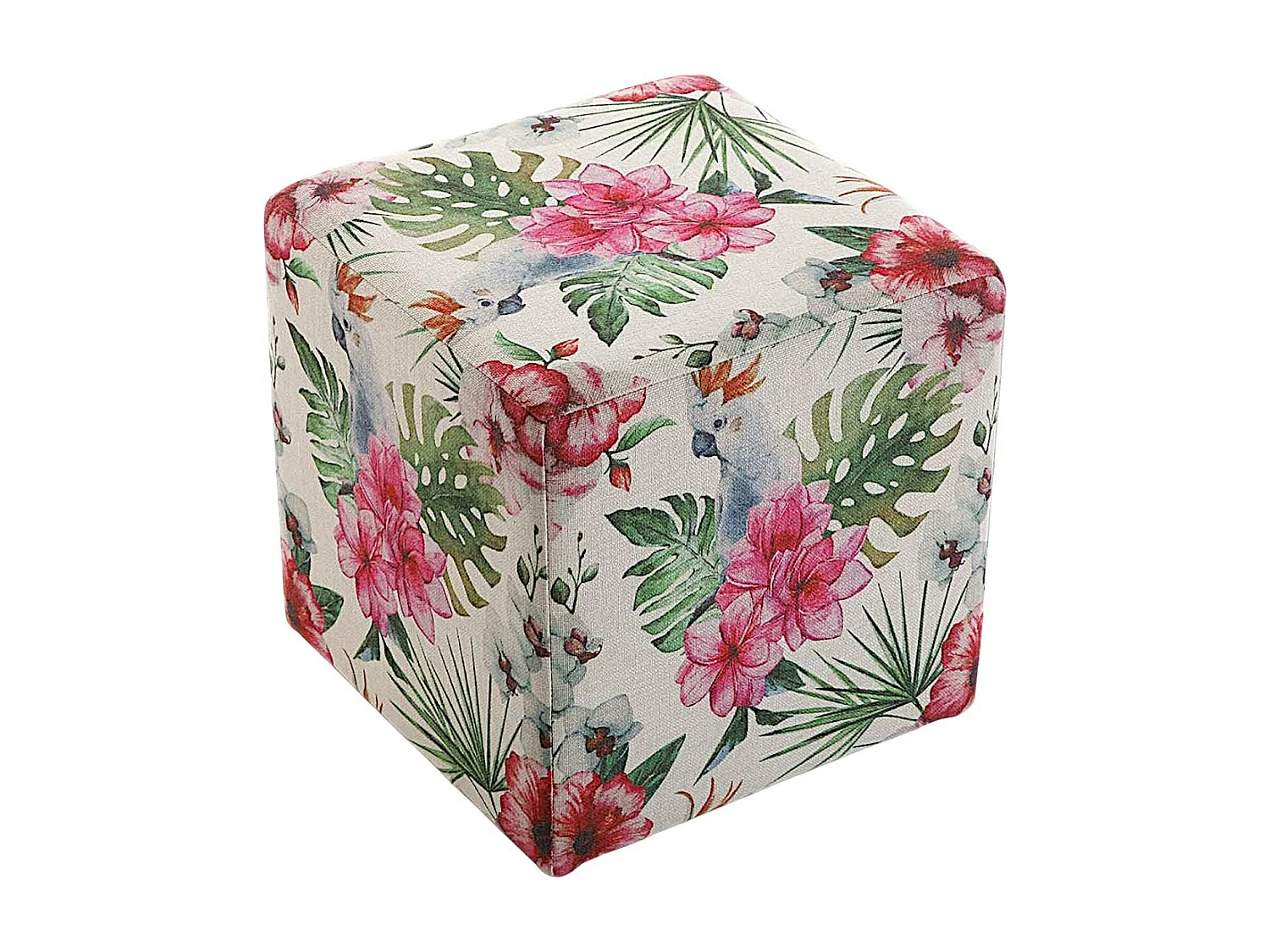Pouf cube tropical motif perroquets, feuilles et fleurs 35x35x35cm BORNEO