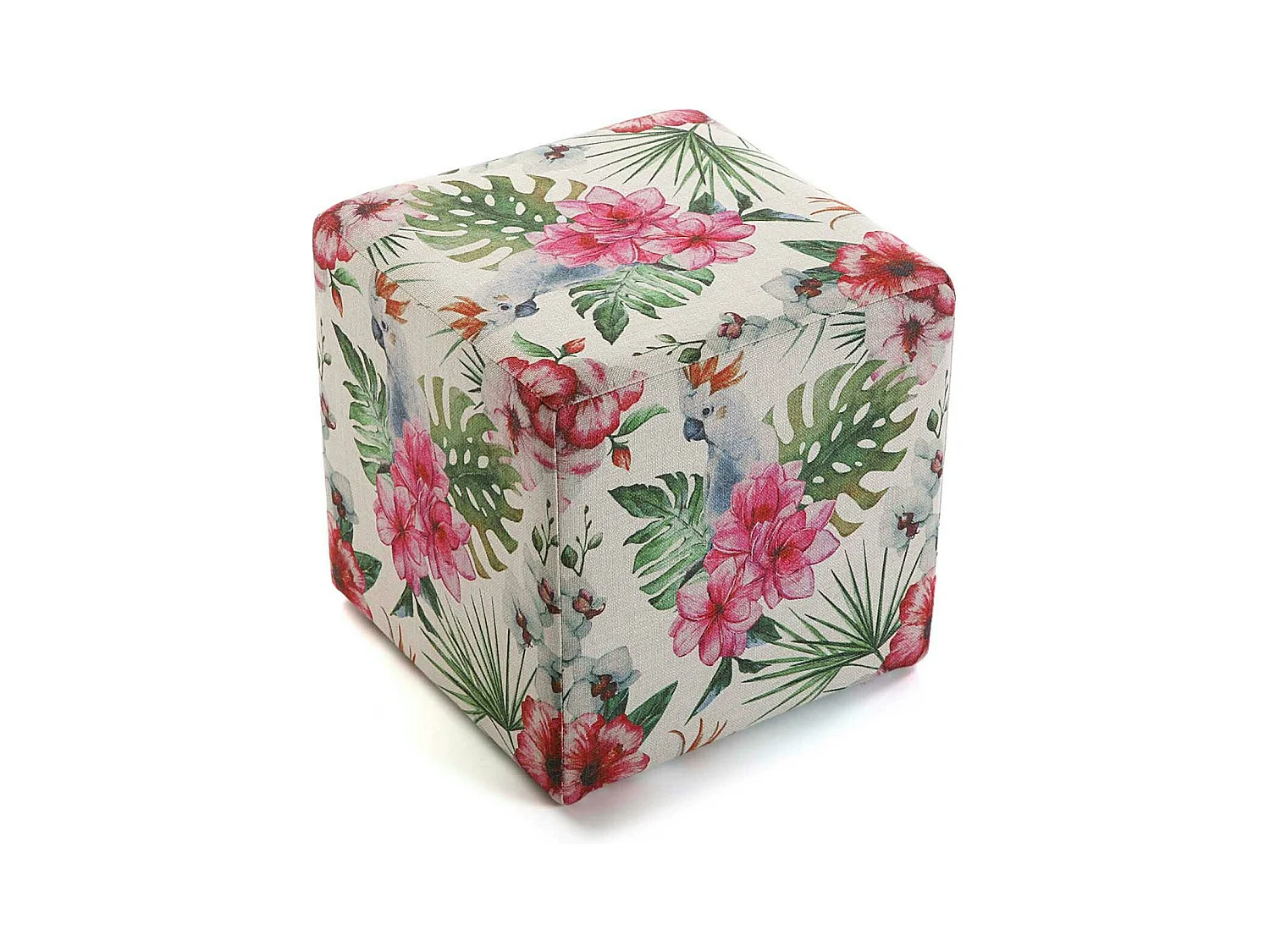 Pouf cube tropical motif perroquets, feuilles et fleurs 35x35x35cm BORNEO