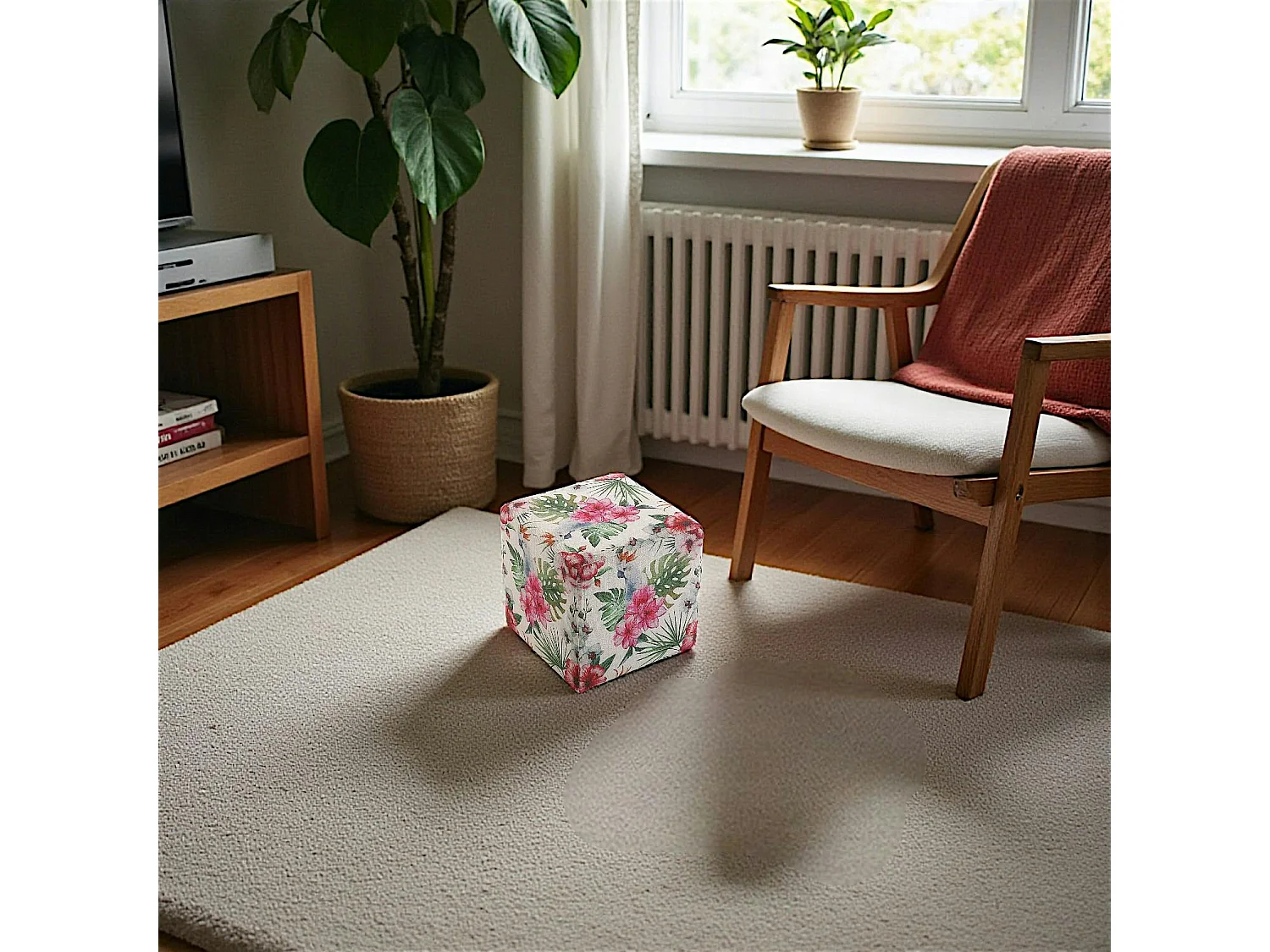Pouf cube tropical motif perroquets, feuilles et fleurs 35x35x35cm BORNEO