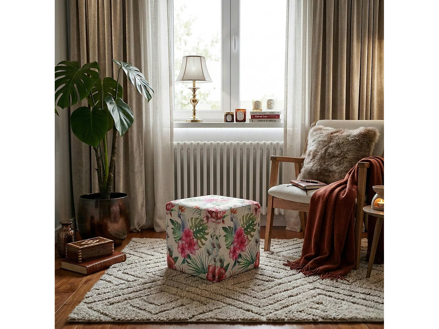 Pouf cube tropical motif perroquets, feuilles et fleurs 35x35x35cm BORNEO