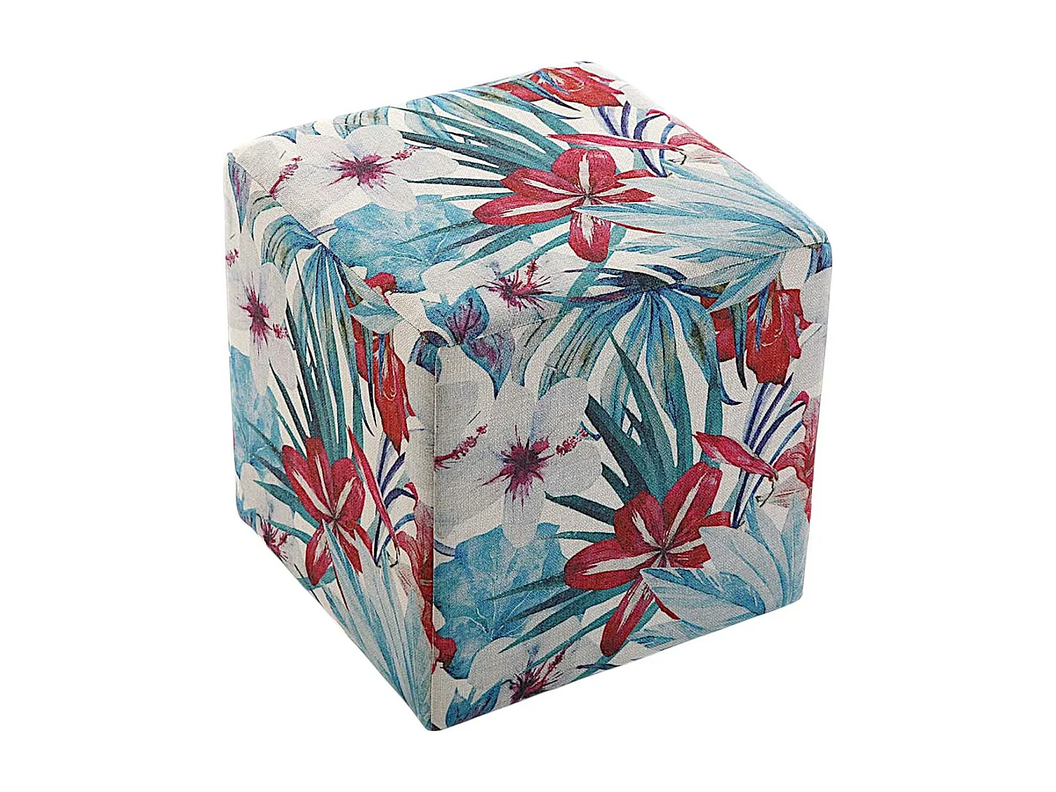 Pouf cube tropical motif feuilles et grandes fleurs rouges 35x35x35cm BORNEO