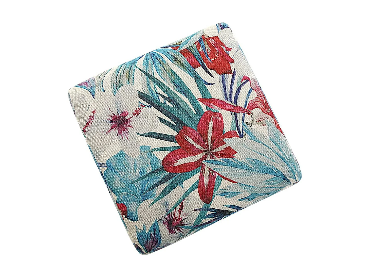 Pouf cube tropical motif feuilles et grandes fleurs rouges 35x35x35cm BORNEO