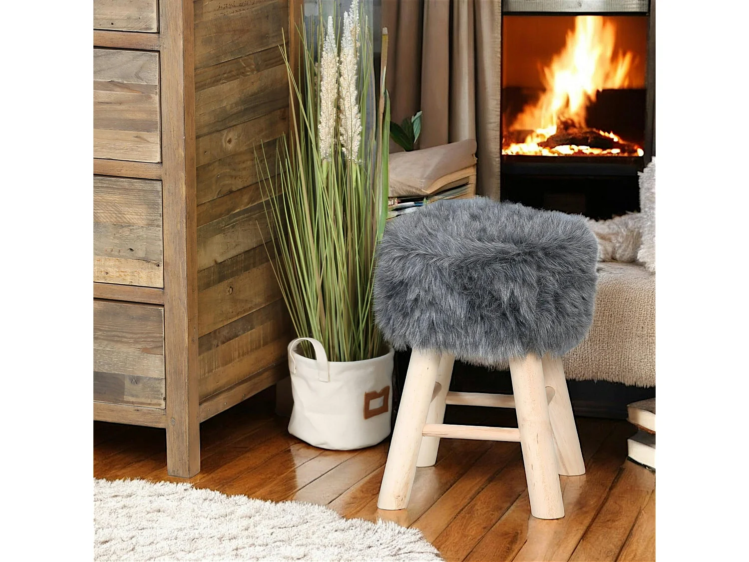 Tabouret fourrure grise synthétique