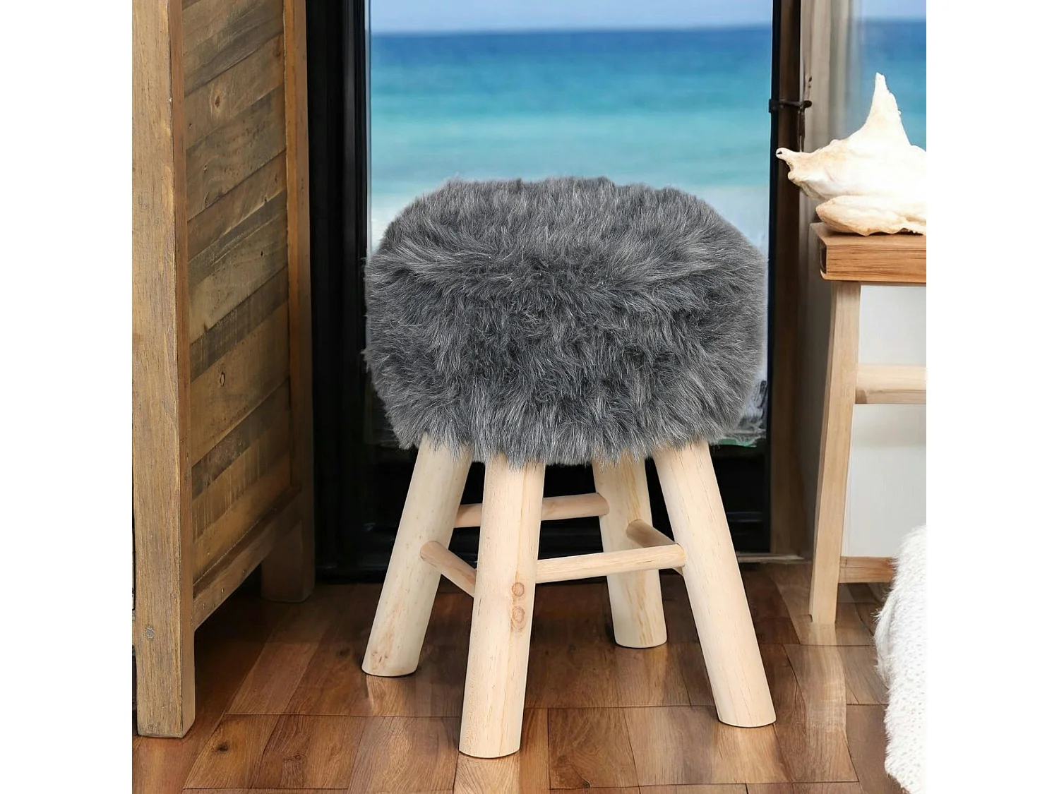 Tabouret fourrure grise synthétique