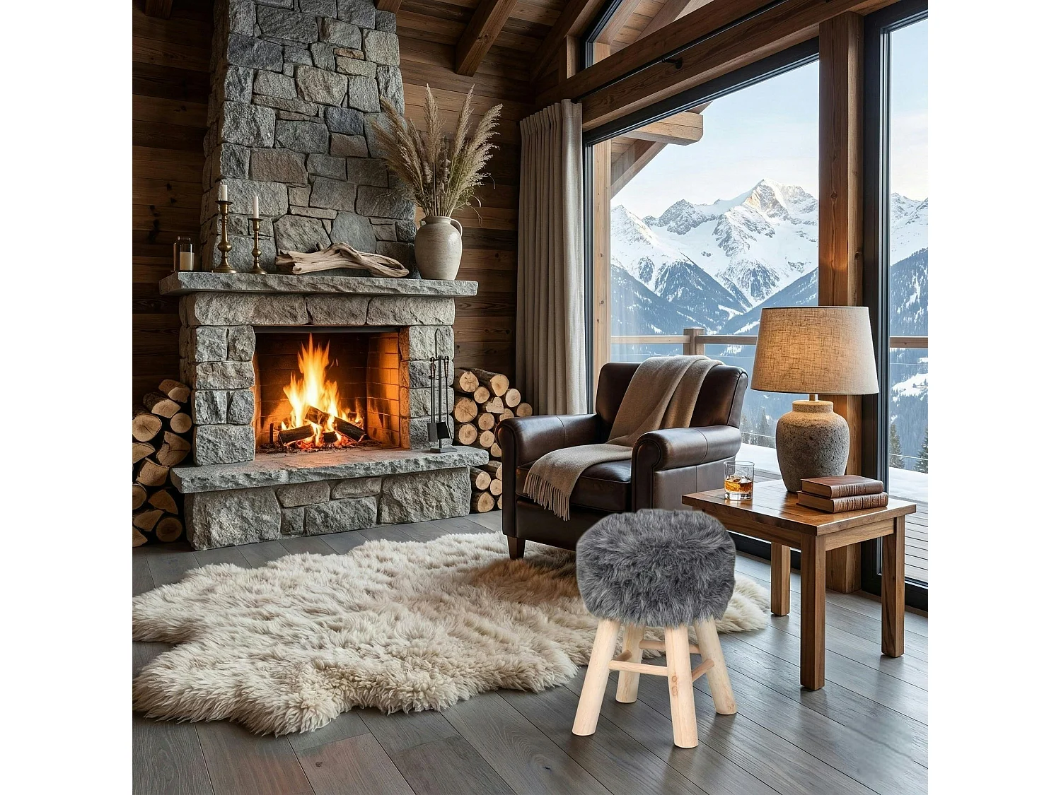 Tabouret fourrure grise synthétique