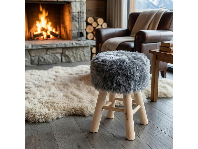 Tabouret fourrure grise synthétique