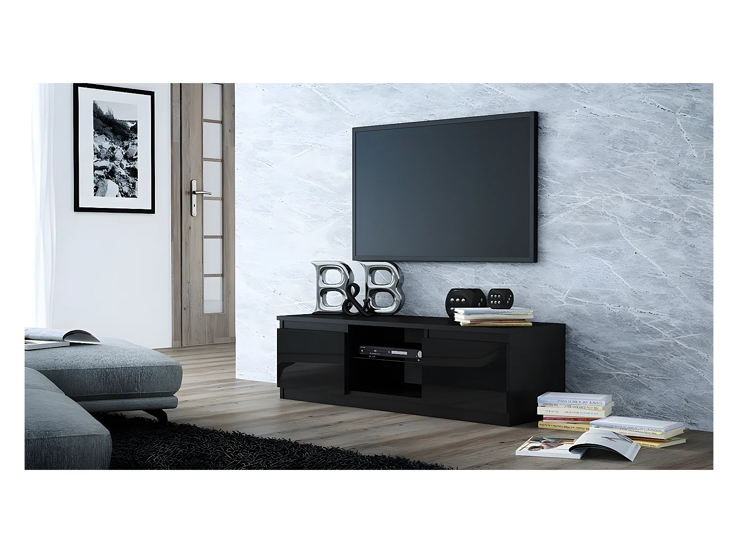 TIVOLI -  Meuble TV style moderne - 120x40x36cm - 2 niches + 2 portes - Rangement matériel télé/audio - Noir
