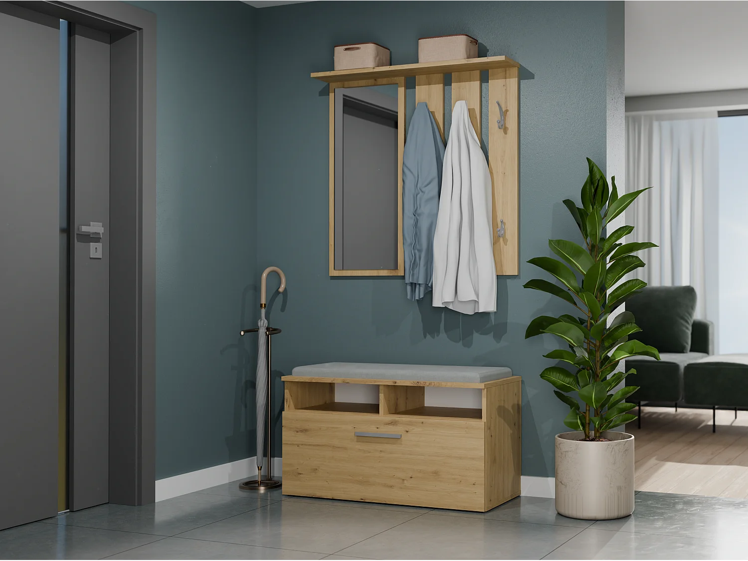 RIVI - Mueble zapatero con asiento y almacenaje - Puerta basculante - Dimensiones: 46x85x35 - 6 estantes - Artesanal